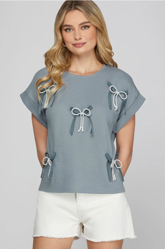 Pearl & Denim Bow Blouse