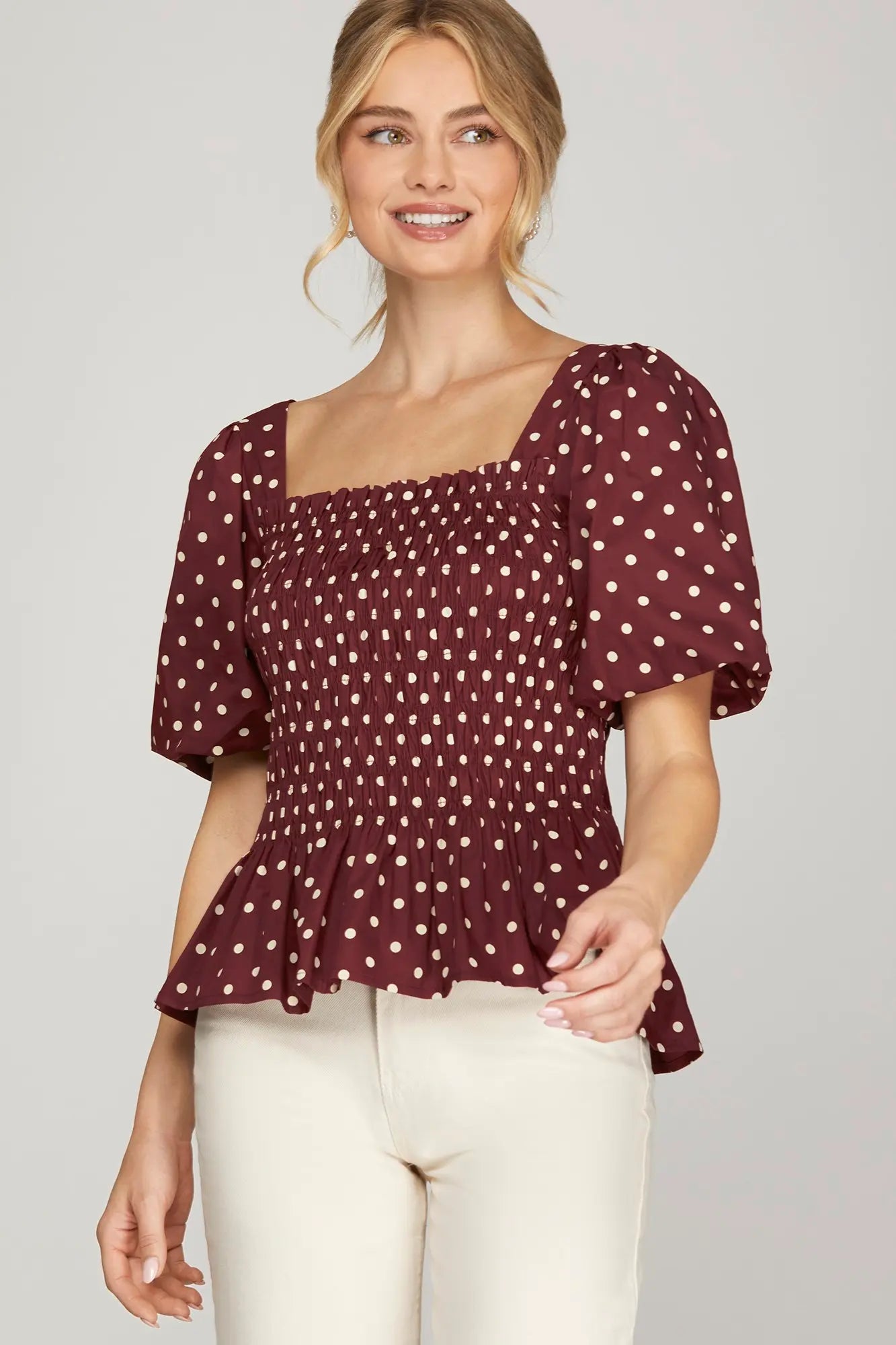 Wine polka dot top