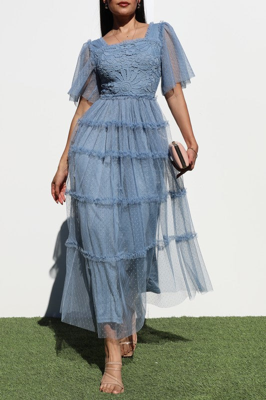 Blue Mesh & Lace Dress