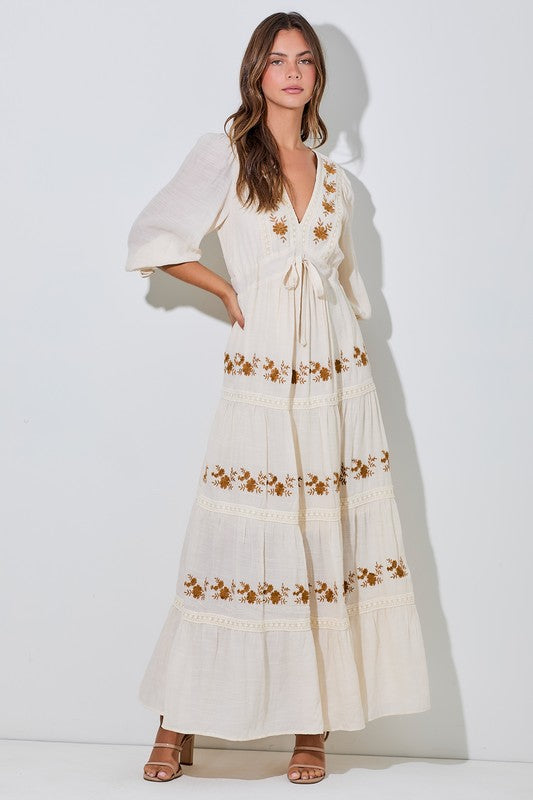 V-Neck Maxi Embroidered Dress