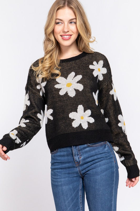 Daisy Pattern Black Sweater